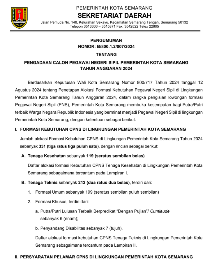 PENGUMUMAN NOMOR: B/800.1.2/007/2024 TENTANG PENGADAAN CALON PEGAWAI NEGERI SIPIL PEMERINTAH KOTA SEMARANG TAHUN ANGGARAN 2024